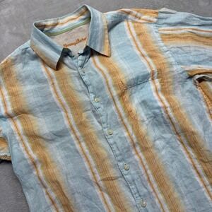 Tommy‎ Bahama Shirt Mens L Blue 100% Linen Striped Button Up Long Sleeve Casual